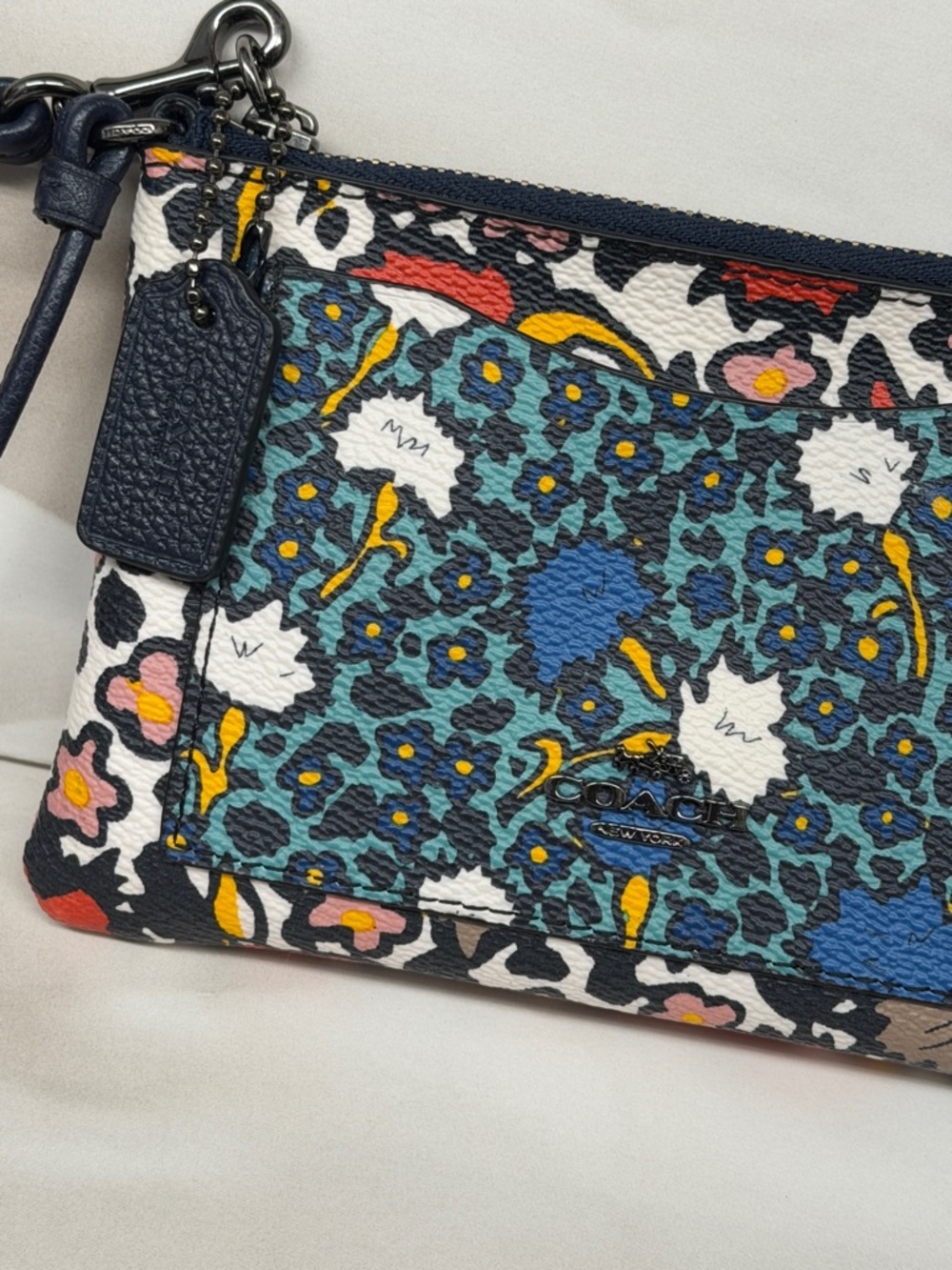 COACH Blue Multi Floral Leather Wristlet - Picture 6 of 13